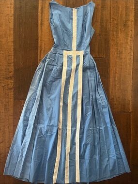 Vintage 1960’s handmade sky blue sleeveless maxi dress w silver Greek key trim